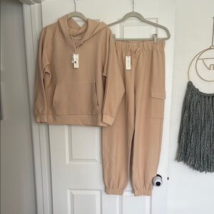 Rylee and Cru Beige Hoodie and Cargo Jogger Set